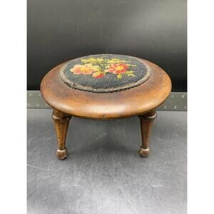 Vintage Round Small Floral Needlepoint Wooden Foot Stool